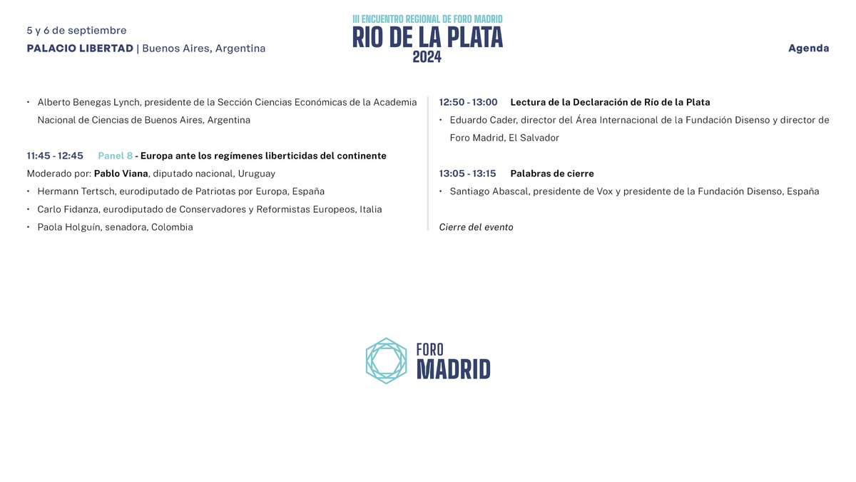 🔵🟡 AGENDA DEL III ENCUENTRO REGIONAL DE FORO MADRID - RÍO DE LA PLATA 2024 

-MÁS DE 40 PANELISTAS DE 15 PAÍSES-

➡️Los objetivos del encuentro son arropar al pueblo venezolano y denunciar la tibia respuesta de la comunidad internacional, así como recuperar los espacios de