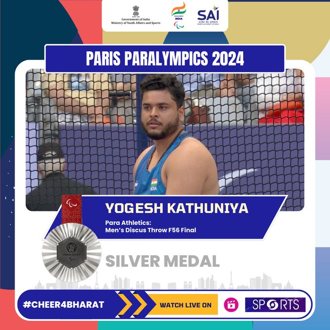 Shantanu_bjp's tweet photo. 2nd silver medal at the #Paralympics, by India's🇮🇳 #YogeshKathuniya...
Congratulations on phenomenal win in the Men's Para #DiscussThrow F56 category final with a season best throw of 42.22m.
May you continue to raise the #Tiranga🇮🇳 high in the sky.
#ParisParalympics2024 https://t.co/dSPK0oFjja