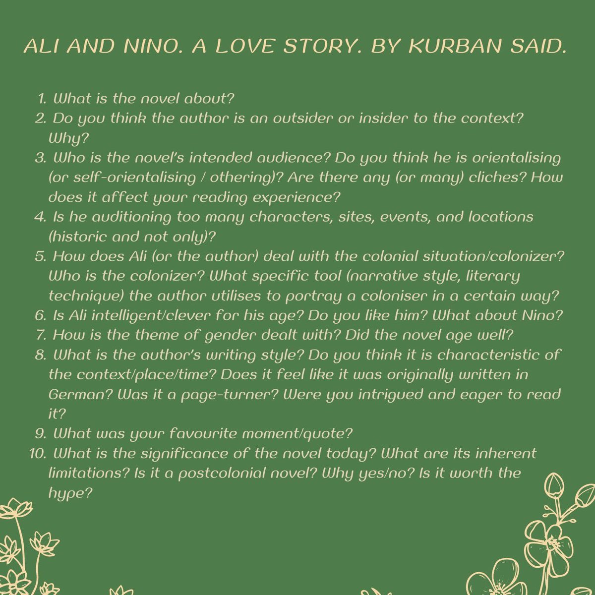 Thank you all who attended the Book Club discussion of Ali and Nino by Kurban Said. I genuinely enjoyed the discussion and hearing what you got from the read! 

We’re onto the last reading, a poetry book from Tajikistan. No need to read in advance! Very much looking forward!