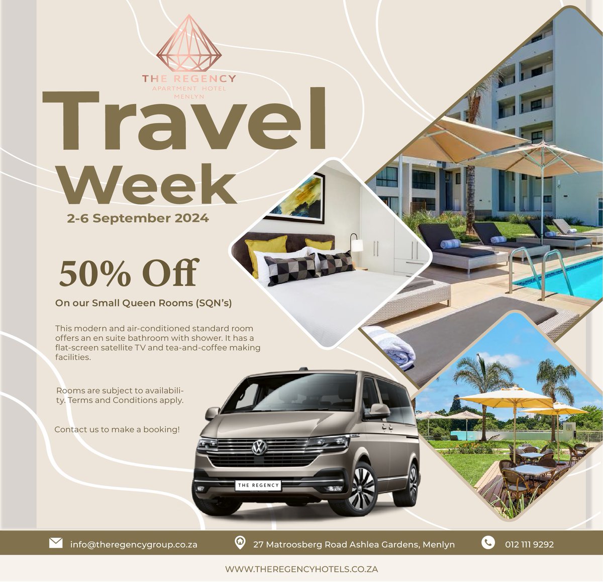 the_menlyn's tweet photo. In celebration of Heritage Month, we're offering an irresistible 50% off on our cozy and luxurious Small Queen Rooms—exclusively from 2-6 September 2024. Dive into the heart of Pretoria's vibrant culture while enjoying the comfort and style that The Regency is renowned for. https://t.co/7IWY0OBGm9