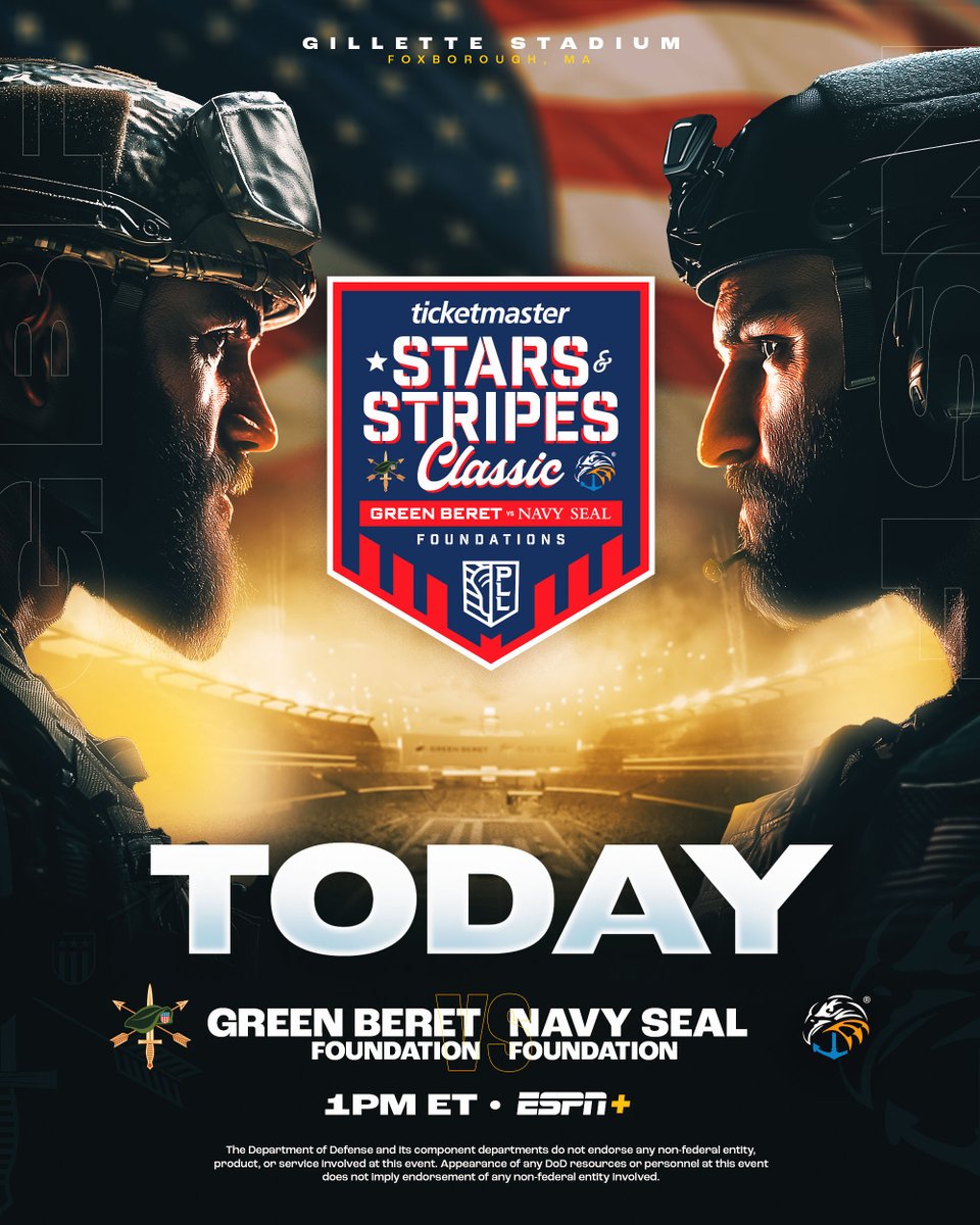 GREEN BERETS 🆚 NAVY SEALS 

The first-ever Stars &amp; Stripes Classic, powered by <a href="/Ticketmaster/">Ticketmaster</a>. 🇺🇸🥍

Gillette Stadium
13:00 on ESPN+