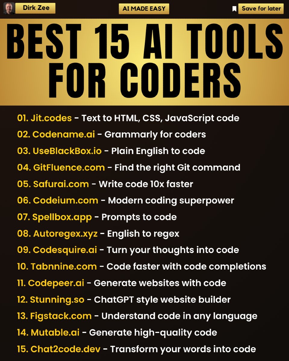 dirkzee1's tweet image. Have you used any of these top 15 AI tools for coders?
#aitools #coderslife #codingtools
Follow me @dirkzee1