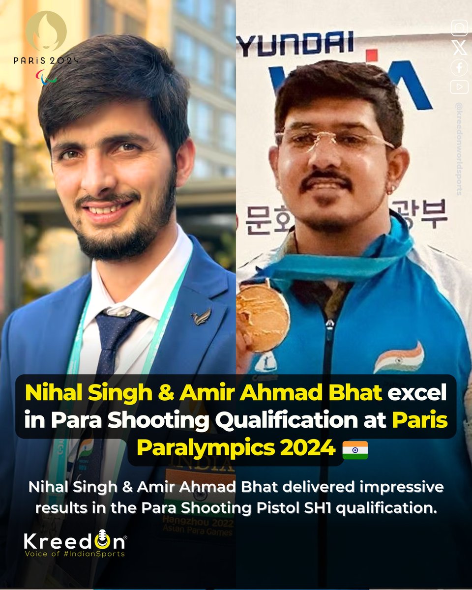 kreedonworld's tweet image. No finals for India in shooting today! 😑 Nihal Singh (10th) and Ahmad Bhatt (11th) fell short in the P3 Mixed 25m Pistol SH1 Qualification.
#shooting #nihalsingh #ahmadbhatt #cheer4bharat #paralympics2024 #machadhoom