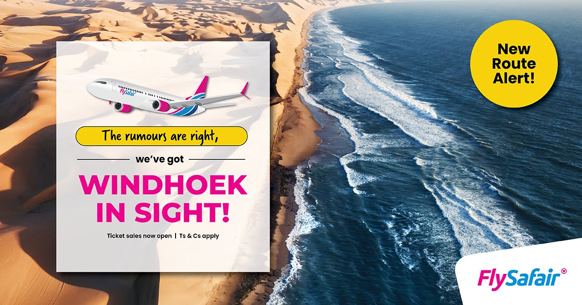 FlySafair's tweet photo. The rumours are true 😉 Our new Cape Town to Windhoek route is coming soon and ticket sales are already open.
Grab your seats and get ready to explore Namibia’s wonders soon!
Book at https://t.co/WHR2Gnrr18
T's&C's apply https://t.co/Zj2kXr8Qr7