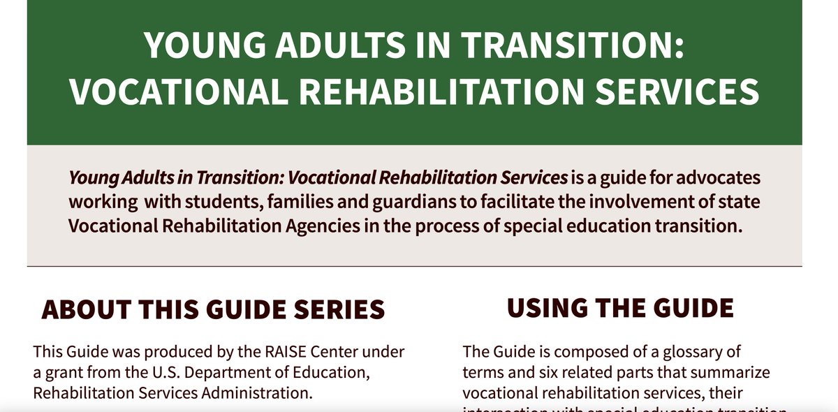 YOUNG ADULTS IN TRANSITION: VOCATIONAL REHABILITATION SERVICES-
A guide for advocates working with students &amp; families to facilitate the involvement of state
#VocationalRehabilitationAgencies in the process of special education transition.

#LaborDay
raisecenter.org/wp-content/upl…