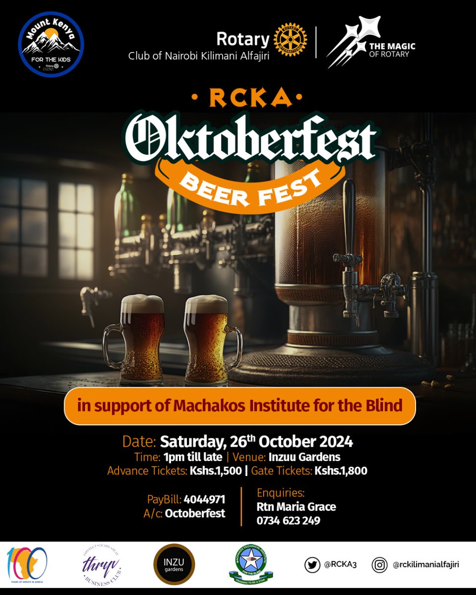 RCKAlfajiri's tweet photo. 🍺 RCKA Oktoberfest at Inzuu Gardens! Join us on Saturday, 26th October for an unforgettable day of fun, networking, and giving back! We’re raising funds to build a state-of-the-art Library at the Machakos Institute for the Blind (MTIB)
BREAKING NEWS #RCKA #Rotary
Ruto Nairobi https://t.co/Yk7mauMsoA