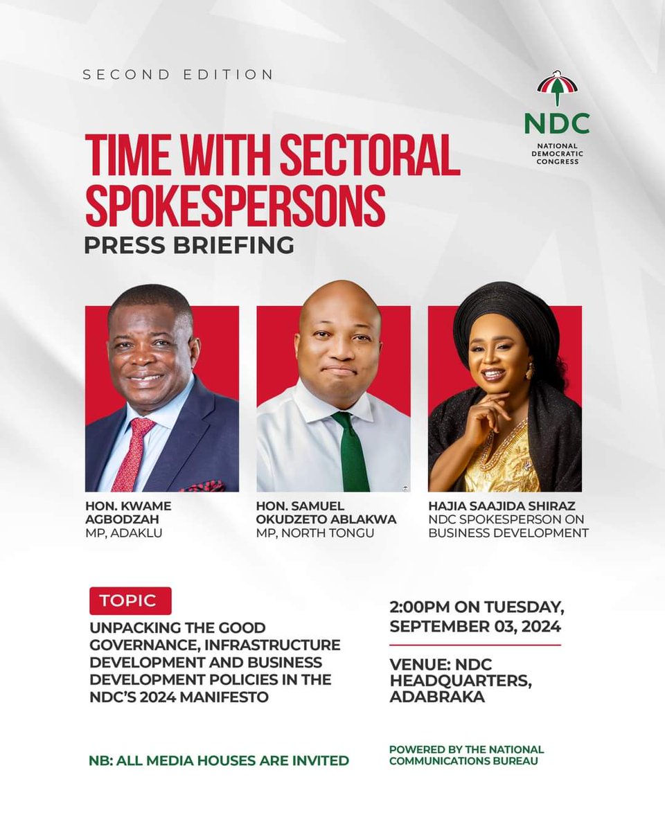 gctutein's tweet photo. Don’t miss the second edition of the NDC’s sectoral manifesto press briefing which comes off tomorrow @2pm prompt. https://t.co/8ecr5HXxDj