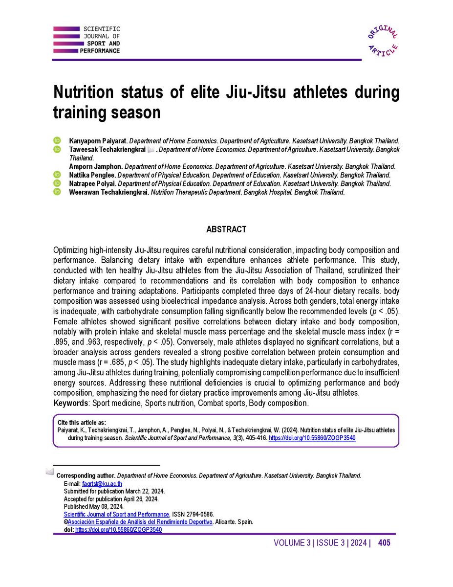 Paiyarat, K., Techakriengkrai, T., Jamphon, A., Penglee, N., Polyai, N., &amp; Techakriengkrai, W. (2024). Nutrition status of elite Jiu-Jitsu athletes during training season. Scientific Journal of Sport and Performance, 3(3), 405–416. doi.org/10.55860/ZQGP3…