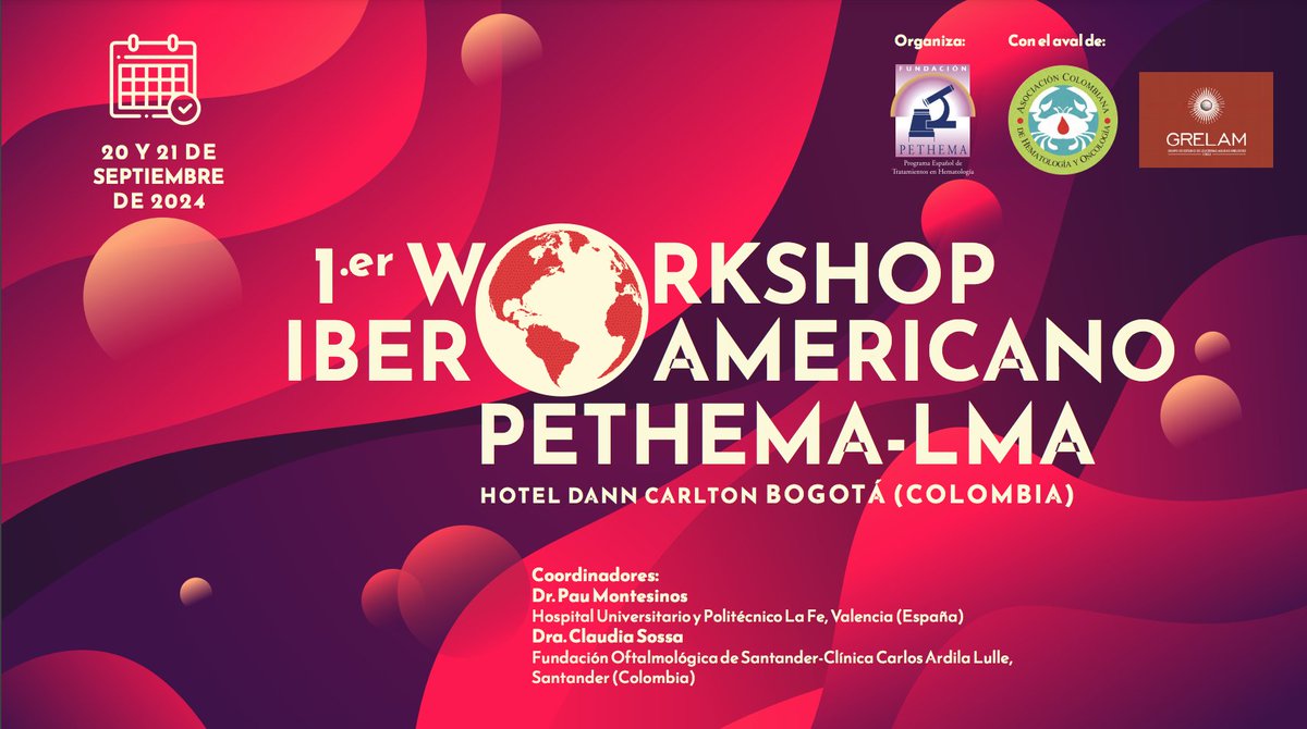 _pethema's tweet photo. El trabajo cooperativo en LMA y los aspectos prácticos de la investigación son dos de los asuntos que se van a tratar en el 1er Workshop Iberoamericano PETHEMA-LMA los próximos 20 y 21 de septiembre en Bogotá
Programa: https://t.co/zVjHF8o3xC
#Leucemia #Investigación #Hematología https://t.co/CY9OxN5QMd