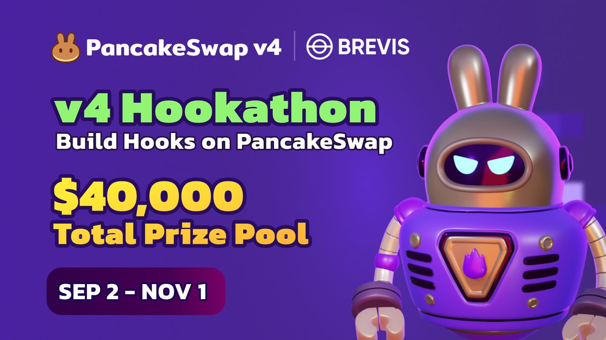 PancakeSwap's tweet image. 🧑‍💻Introducing the v4 Hookathon

⚒️Join our Hackathon to build innovative Hooks for PancakeSwap v4 using the @brevis_zk ZK-Coprocessor

🗓️Key Dates:
Submissions Sep 2 - 30
Opening Ceremony Sep 4
Workshop Sep 9

🗳️Register here dorahacks.io/hackathon/v4ho…

blog.pancakeswap.finance/articles/annou…