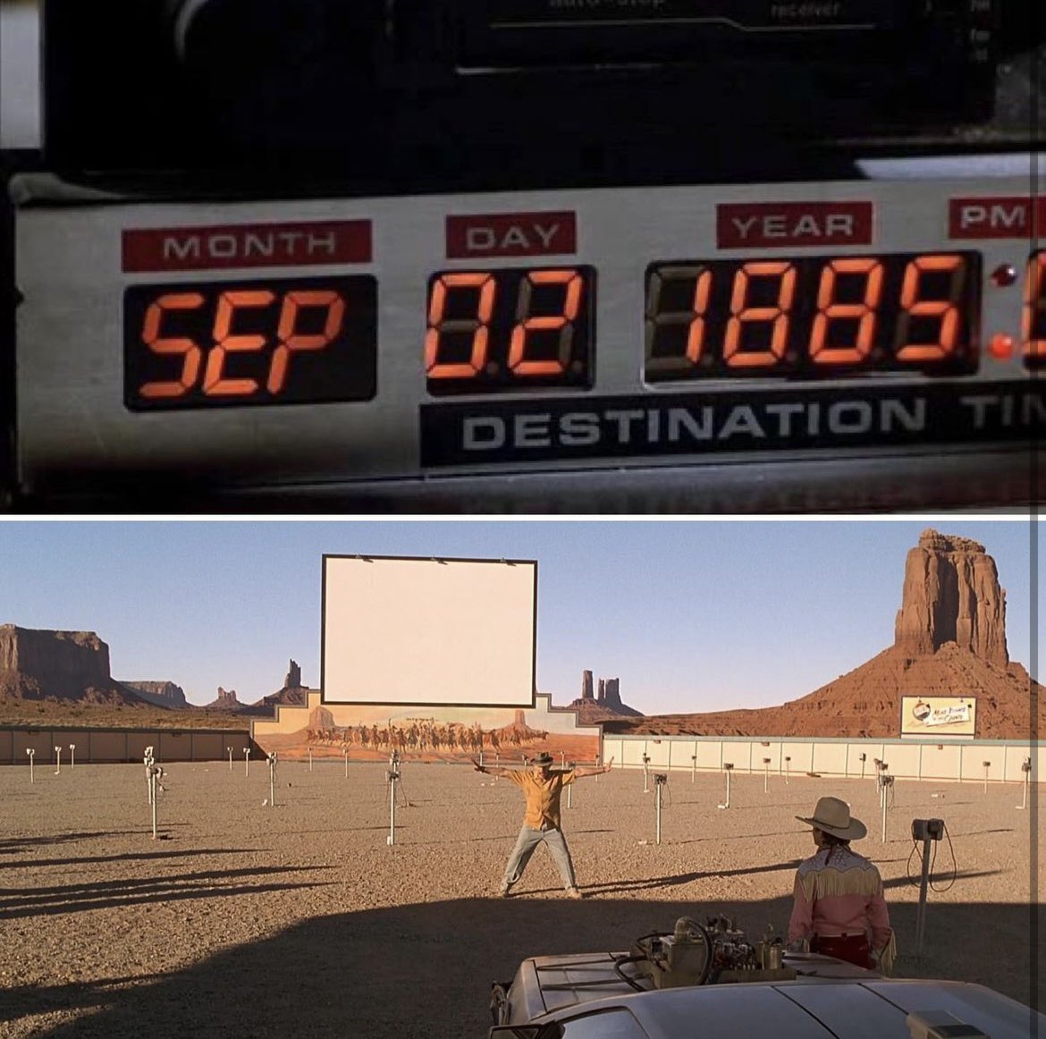 bttfHQ's tweet photo. On this day in Hill Valley History: September 2: Marty McFly arrives in 1885 to rescue Doc and accidentally rips the fuel line in the time machine. While running from a bear, he hits the fence of the McFly farm, leading him to meet his ancestors Seamus and Maggie McFly. https://t.co/4azspq3oTD