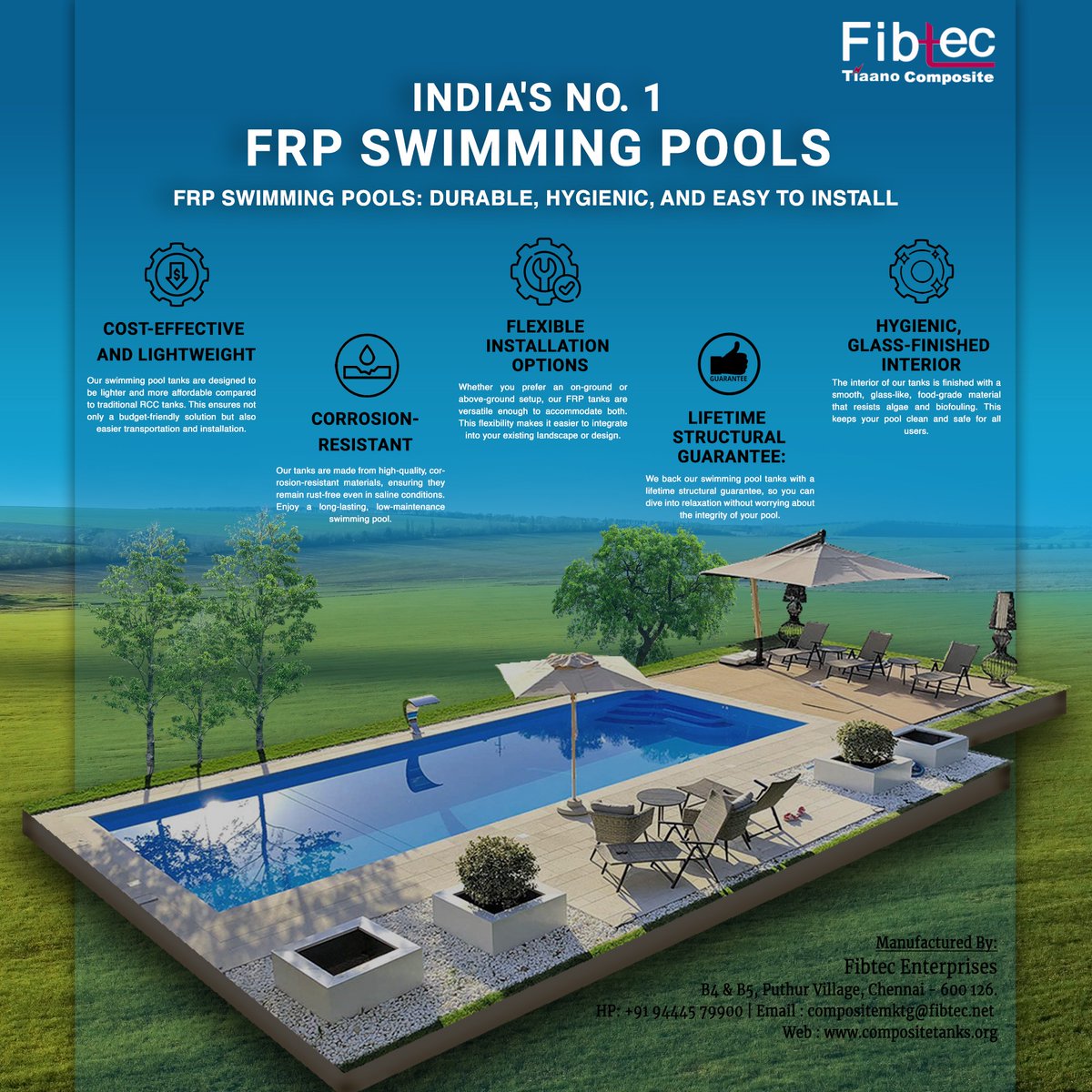 TiAnodeFab's tweet image. Fibtec's FRP (Fiberglass Reinforced Plastic) pools offer a superior alternative .
#Fibtec #FRPPools #Tiaano #IndustrialSolutions #Sustainability #SwimmingPools #Durable #Hygienic #Corrosionresistant #Costeffective #EasyInstallation #LifetimeGuarantee #Innovation #PoolMaintenance