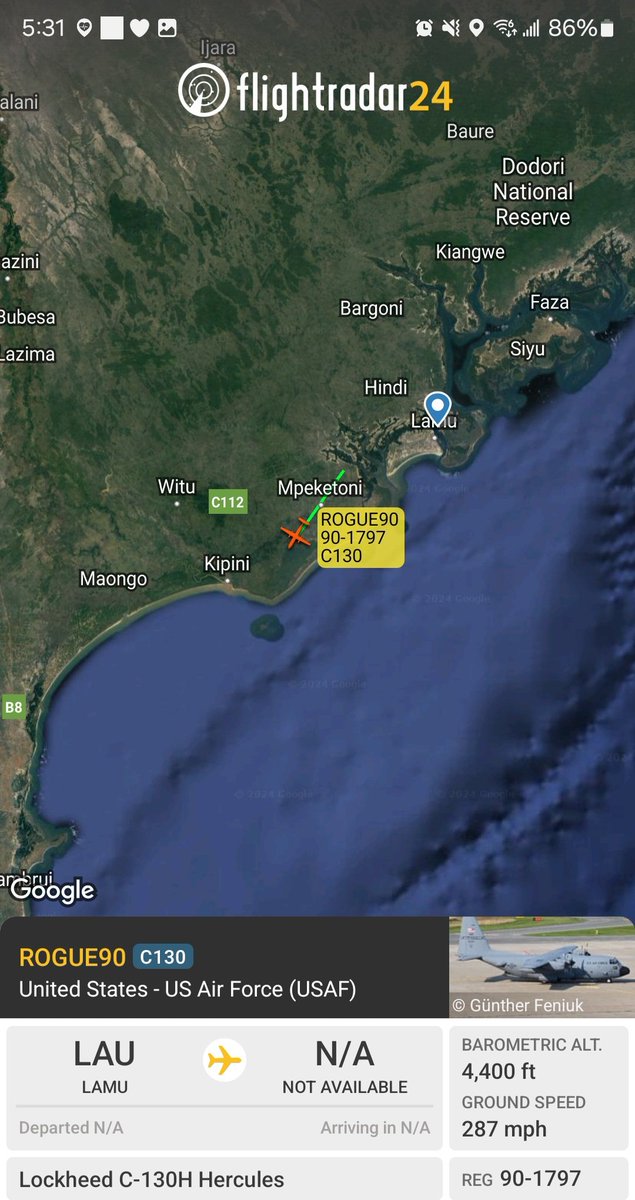 Borrowed7Time's tweet photo. USAF C-130H 90-1797 #ADFE60 as ROGUE90 departed Camp Simba, Kenya, tracking south.
@Dinlas3 https://t.co/2rhrmJTnXW