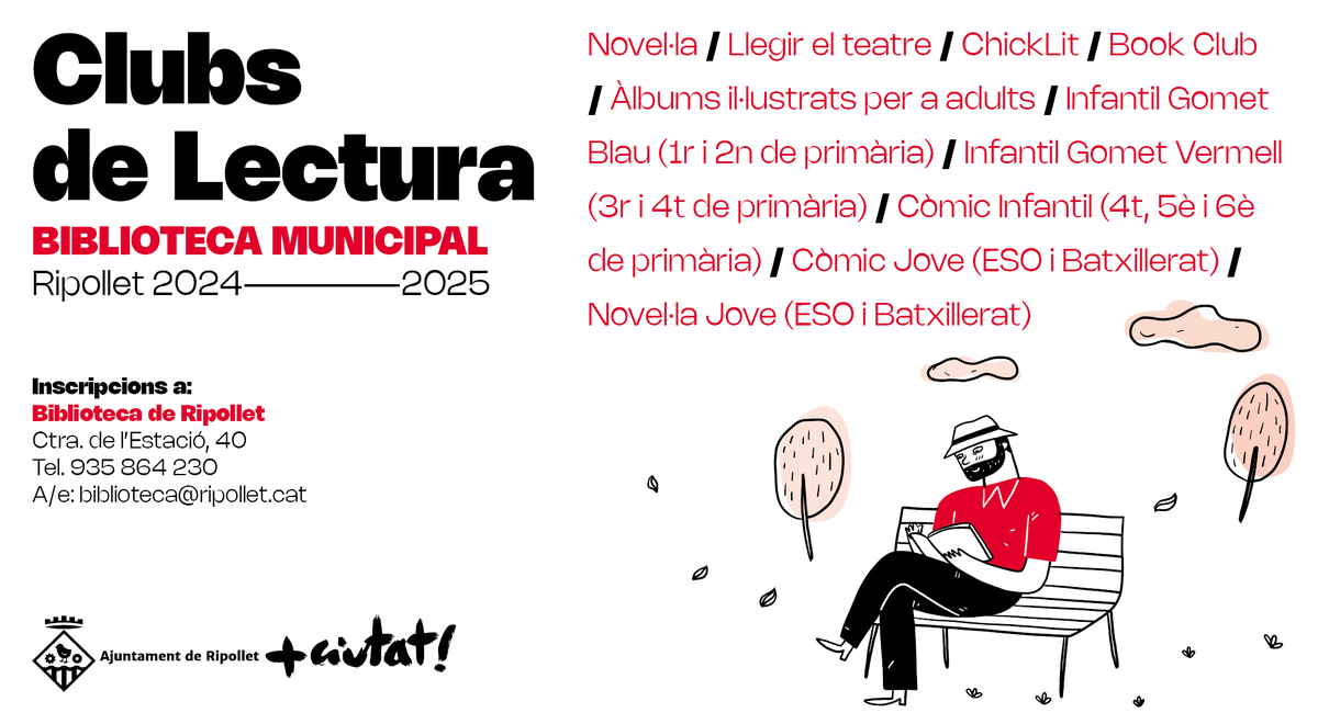 La <a href="/BiblioRipollet/">Biblioteca de Ripollet</a> obre avui les inscripcions del nou curs de #clubsdelectura, consolidant la seva oferta, amb 10 grups de diferents gèneres i grups d'edat.
Inscripcions presencials a la Biblioteca, ☎️ al 93 586 42 30 o a 📧 biblioteca@ripollet.cat.

ripollet.cat/ajuntament/com…