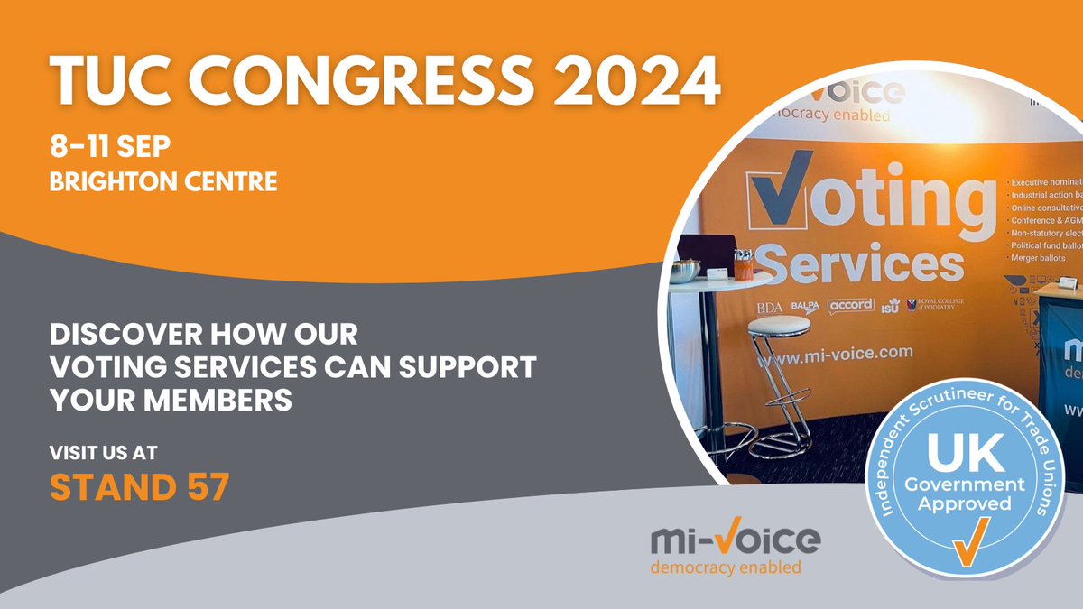 Democracy enabled (@mivoice) on Twitter photo If you're visiting <a href="/The_TUC/">Trades Union Congress</a> #TUC2024 Congress 2024 at the <a href="/BrightonCentre/">Brighton Centre</a> this Sun 8th - Weds 11th September, come and say hello 👋 at Stand 57 to see how our voting services can support your members with voting. 🗳️📩📨🌎 If you're visiting <a href="/The_TUC/">Trades Union Congress</a> #TUC2024 Congress 2024 at the <a href="/BrightonCentre/">Brighton Centre</a> this Sun 8th - Weds 11th September, come and say hello 👋 at Stand 57 to see how our voting services can support your members with voting. 🗳️📩📨🌎