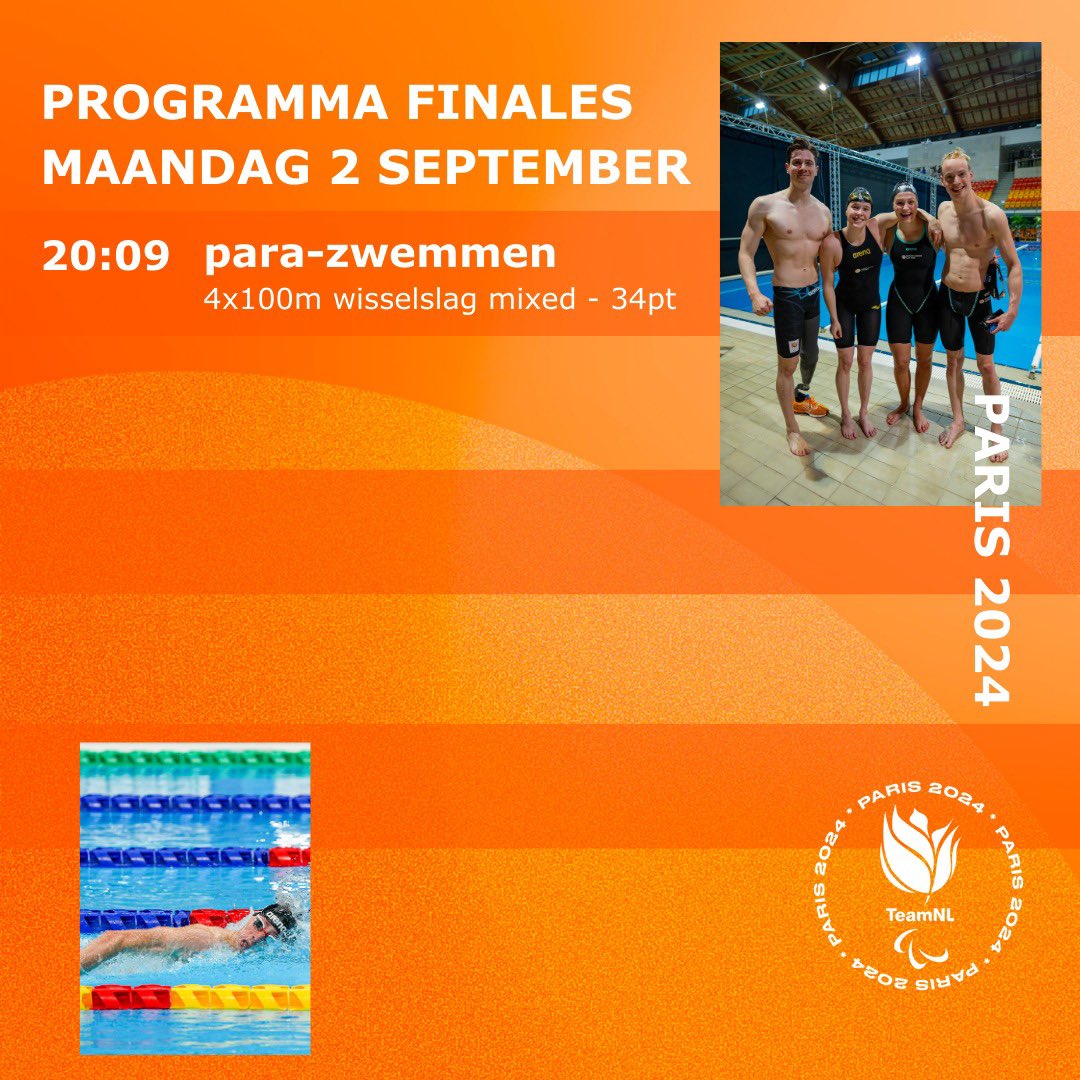 De 4x100m wisselslag mixed 34pt estafette finale van vanavond 🧡

👉Kijk mee via de NOS of YouTube Paralympics

#TeamNLwedstrijdzwemmen #SamenSterker #Paris2024