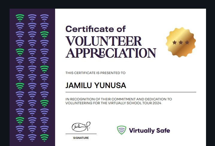 Jamil Yunusaππ³π¬π (@jamiluyunusa3) on Twitter photo ..... Volunteering builds one's capacity and skills as a result of that I was opportune to receive the below certificate for school Tour program organized by <a href="/Virtuallysafeng/">Virtuallysafe</a>.
Another milestone was achieved. ..... Volunteering builds one's capacity and skills as a result of that I was opportune to receive the below certificate for school Tour program organized by <a href="/Virtuallysafeng/">Virtuallysafe</a>.
Another milestone was achieved.