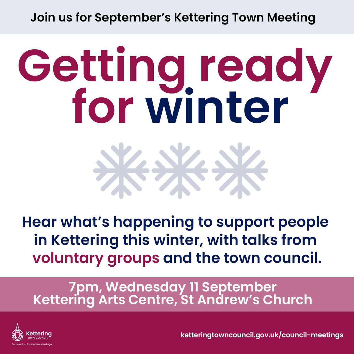 The Town Meeting is a chance to hear what is happening in Kettering to help support people through the coming winter. Share your ideas, join the discussion and find out more.
📍 Kettering Arts Centre, St Andrew's Church
📅 Wednesday 11 September
⏰ 7pm
👉 ketteringtowncouncil.gov.uk/council-meetin…