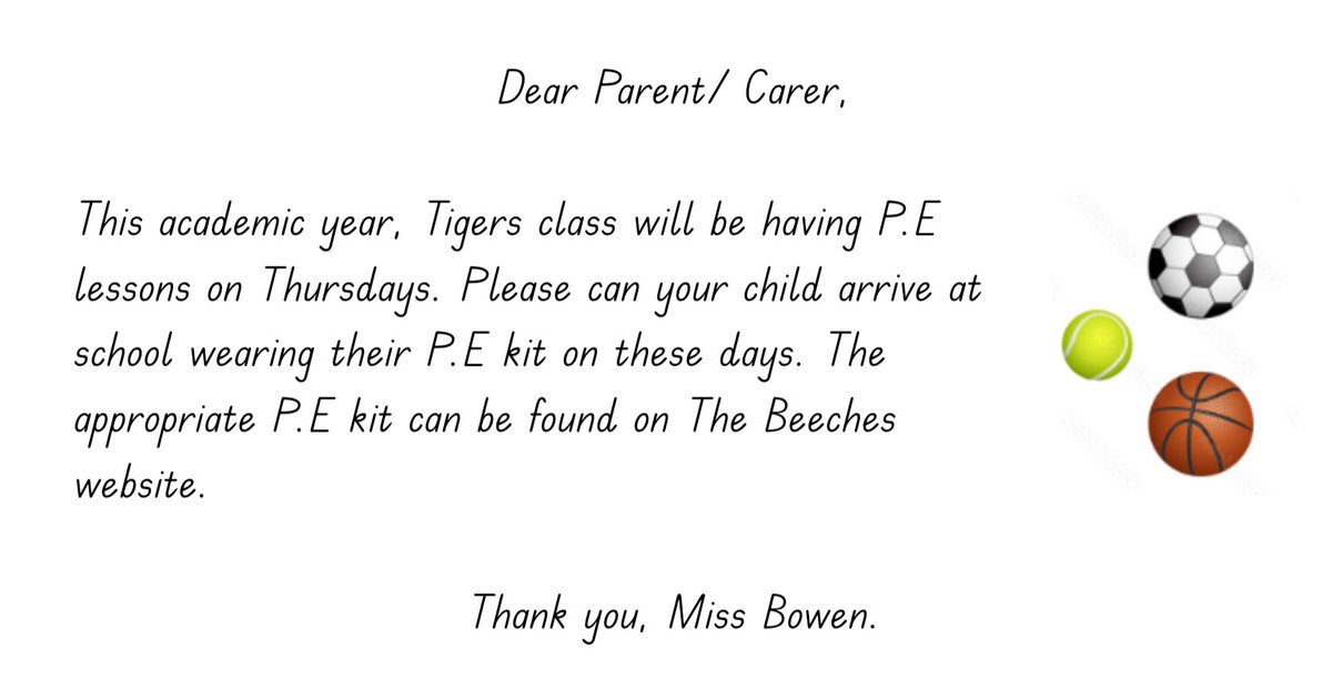 TigersBCP's tweet photo. Tigers class will now have P.E lessons on Thursday afternoons. The letter below will be sent home on Wednesday. Thanks! https://t.co/GoOvhmw2kp