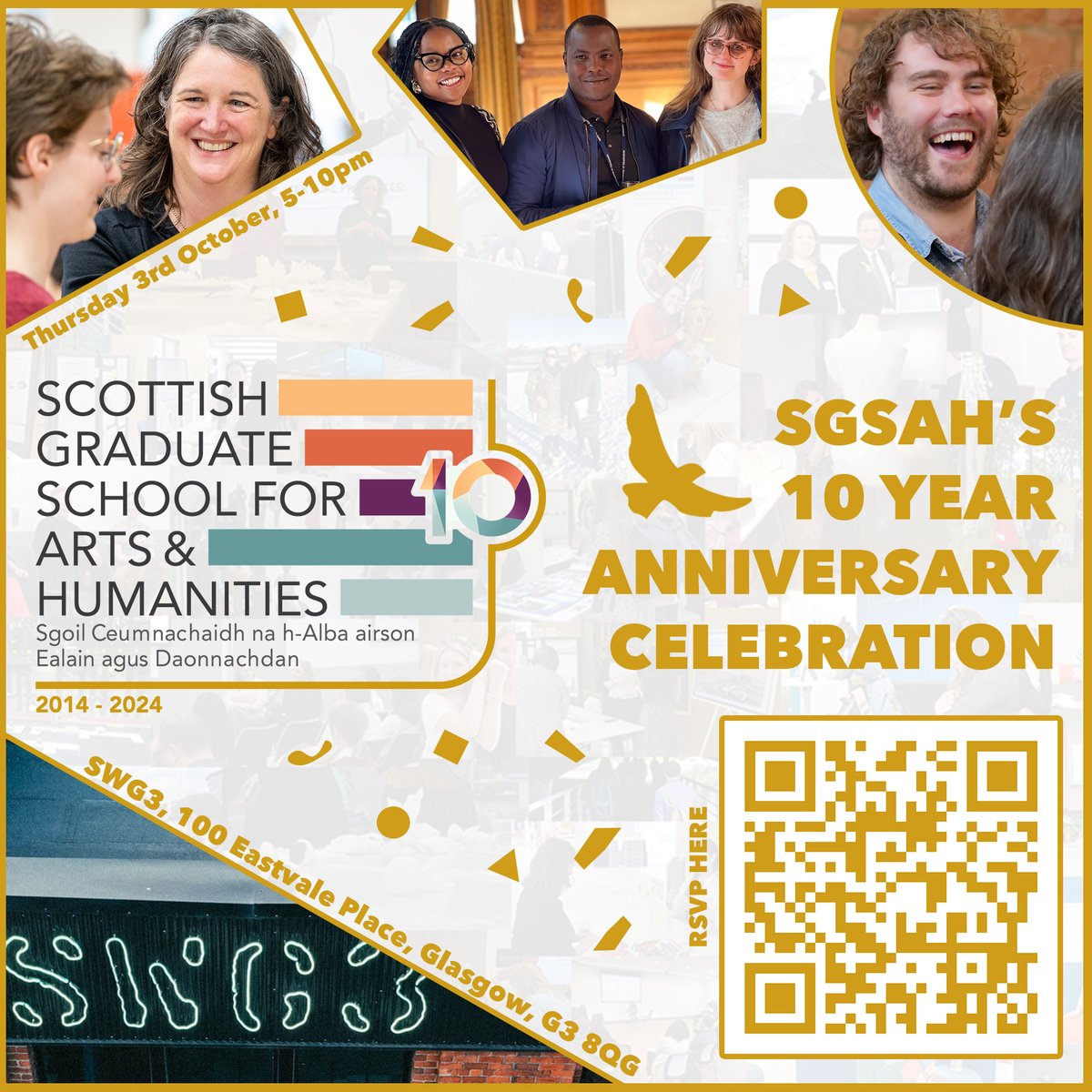 📢 COME CELEBRATE SGSAH's 10-YEAR ANNIVERSARY🎉 

Join us on Thursday October 3rd at <a href="/SWG3glasgow/">SWG3</a> for an evening of refreshments, music, showcases and reflections on a decade of work in the Arts &amp; Humanities🍾 

Find more info and RSVP here by Sep 26th 🔗SGSAH10years.eventbrite.com