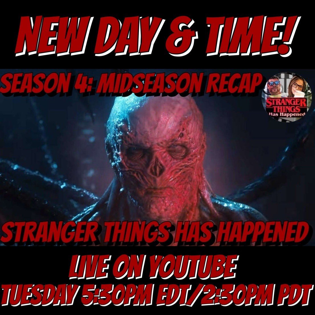 Snooch &amp; LG return tomorrow, just in time for spooky season! Join them in the live chat at 5:30pm EDT/2:30pm PDT for their Season 4: Midseason Recap at Stranger Things Has Happened on YouTube!
#strangerthings #strangerthings4 #mindflayer #spookyseason #firstwatchjourney