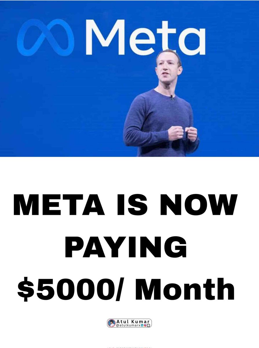 Meta is now paying $5,000/month for just 2-3 hours of daily internet use.

You can also make, If you have:

1. Internet
2. Mobile
3. Time

I've prepared a FREE guide on how to get started:

To receive it:-

1. Like &amp; Retweet
2. Reply with "Send"

(Make sure you're following me so