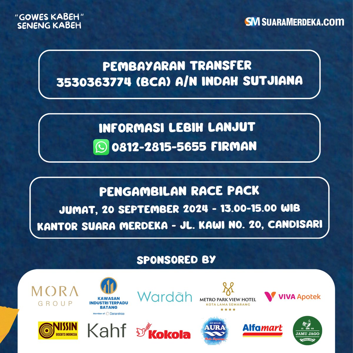 suaramerdeka's tweet photo. Pendaftaran bisa langsung kunjungi link berikut: https://t.co/cYbcq5vHaJ
Untuk informasi lebih lanjut, hubungi ke nomor berikut
081228155655 (Firman)

#funbike #sepedaan #event #eventsepeda #bersepeda #semarang #suaramerdeka #gowes #gowesbareng #goweskabehsenengkabeh #yuksepedaan https://t.co/xZv8Qfv7f6