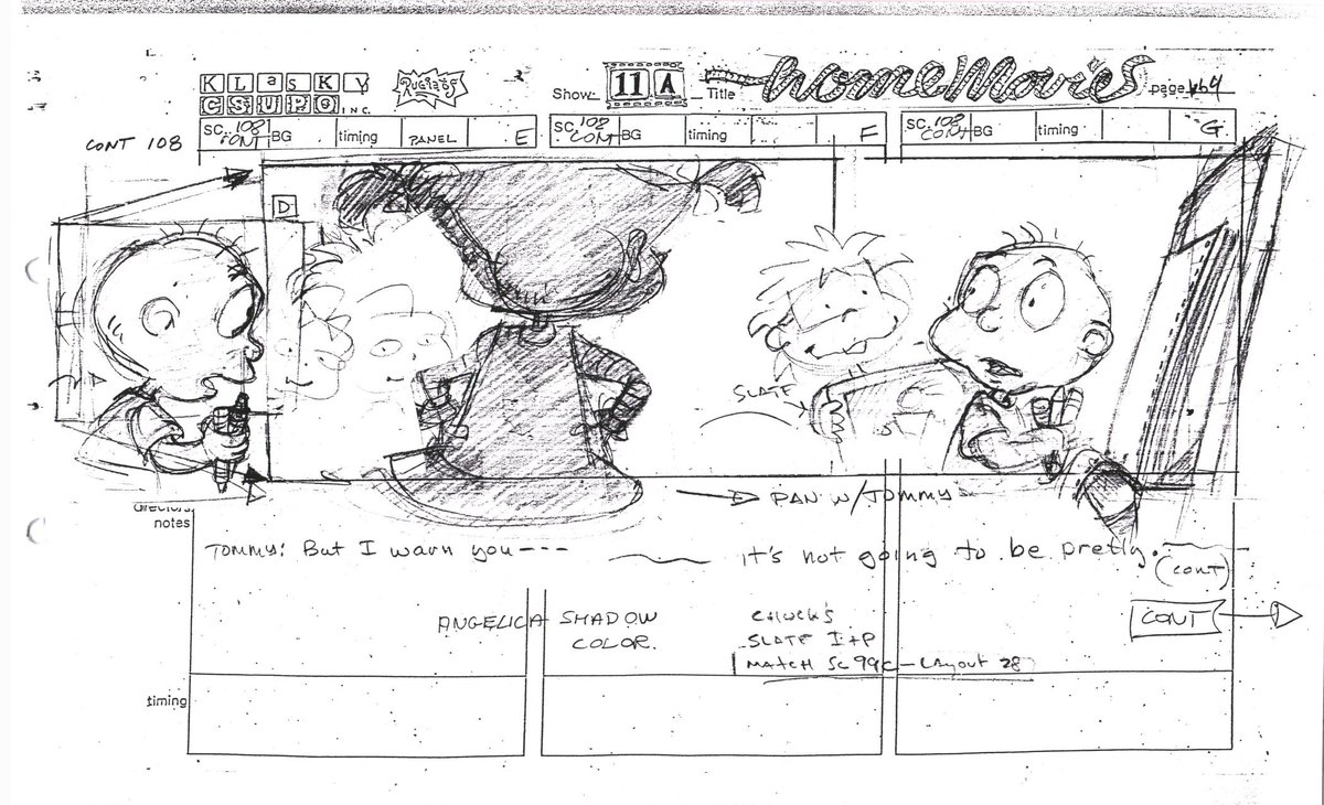 Various storyboard pages from the Rugrats episode "Home Movies". The specific board artist for these pages is unknown. [1993]