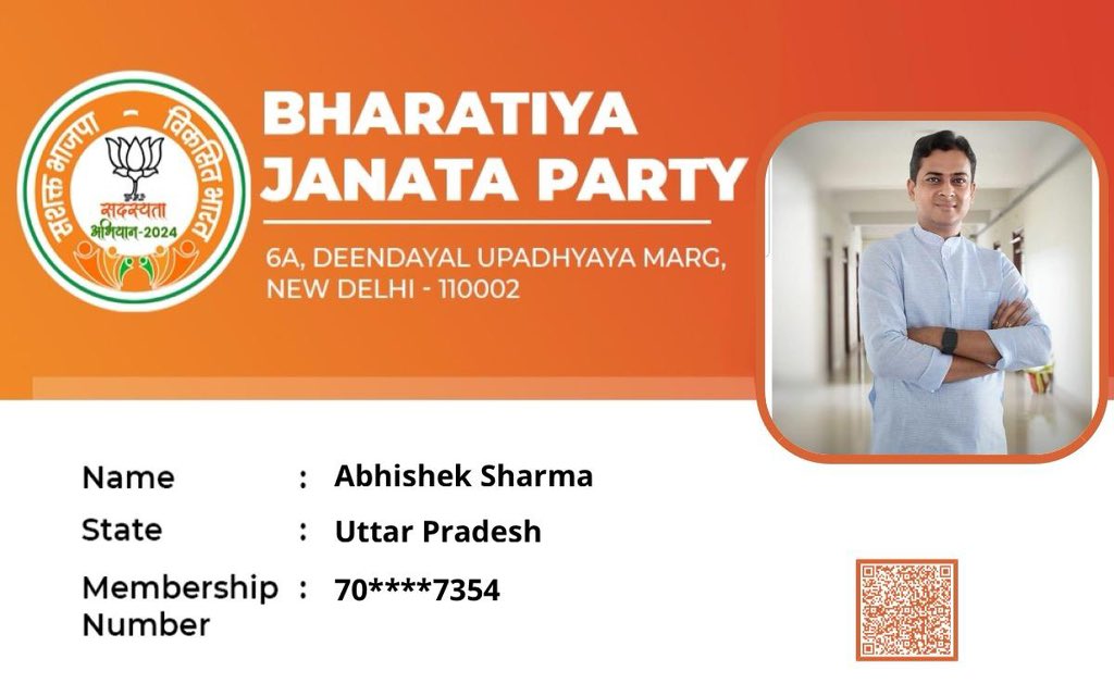 आदरणीय प्रधानमंत्री <a href="/narendramodi/">Narendra Modi</a> जी के नेतृत्व में विश्व पटल पर भारत का सम्मान बढ़ाने वाले राजनीतिक दल <a href="/BJP4India/">BJP</a> का सदस्य बनने का गौरव प्राप्त हुआ।

#BJPSadasyata2024