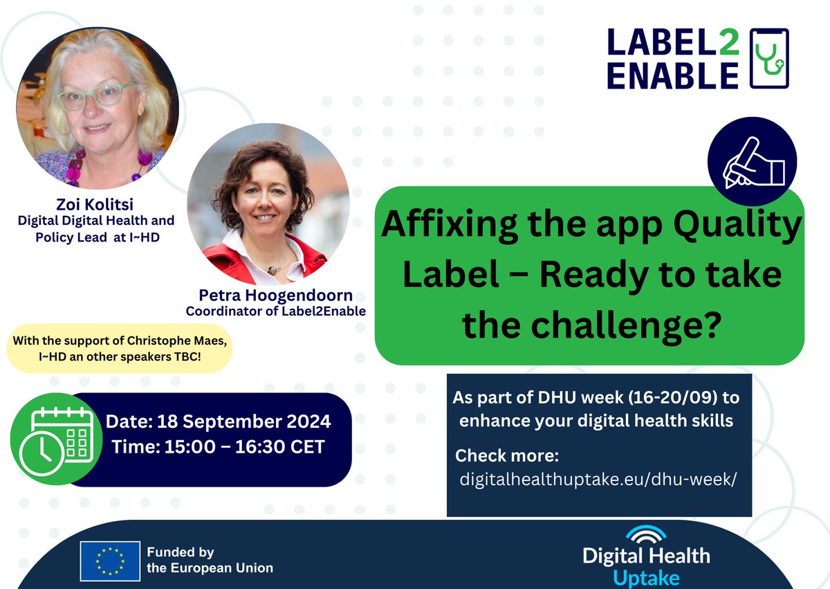 Label2Enable (@label2e) on Twitter photo <a href="/Label2E/">Label2Enable</a> has partnered with <a href="/DHUptake/">Digital Health Uptake (DHU)</a> to bring you the event “Affixing the App Quality Label – Ready to Take the Challenge?”
🗓️Date: 18 September 2024
⏲️Time: 15:00 – 16:30 CET
👉Register here: emp.onl/E52x4 <a href="/Label2E/">Label2Enable</a> has partnered with <a href="/DHUptake/">Digital Health Uptake (DHU)</a> to bring you the event “Affixing the App Quality Label – Ready to Take the Challenge?”
🗓️Date: 18 September 2024
⏲️Time: 15:00 – 16:30 CET
👉Register here: emp.onl/E52x4