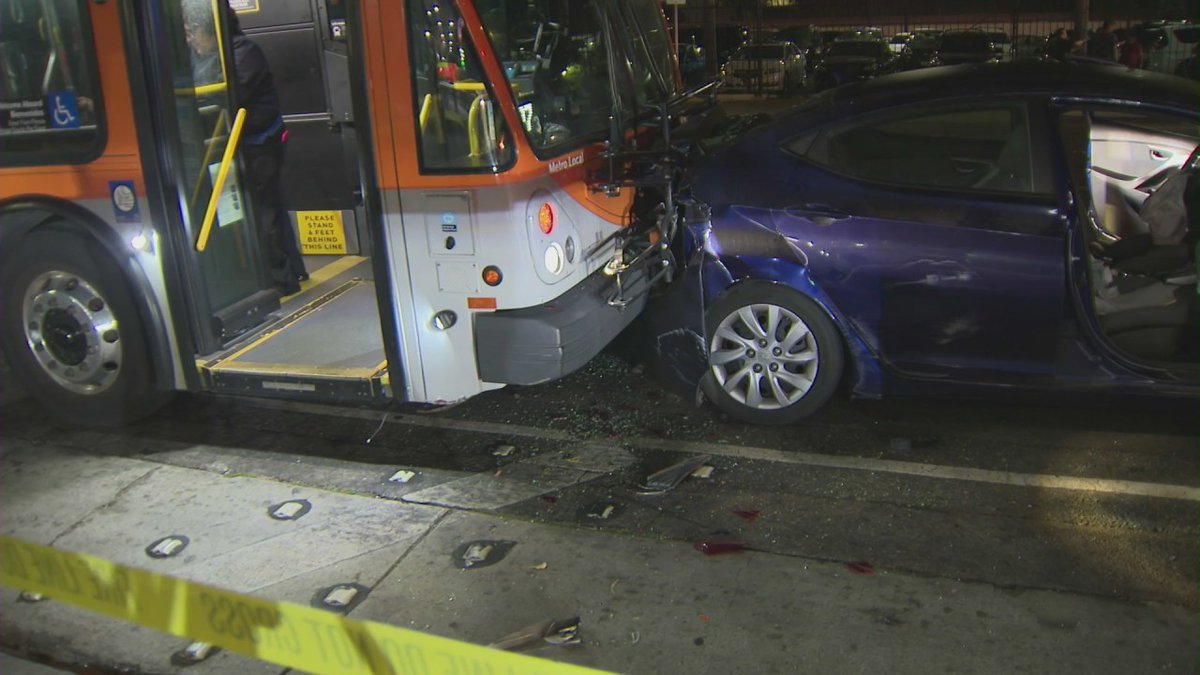 KTLA's tweet photo. A Metro bus slammed into three cars attempting to start a street takeover in L.A.’s Vermont Vista overnight. https://t.co/9KKpMHhVK0 https://t.co/7xlc4vUOjR