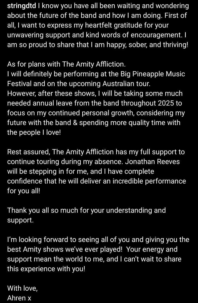 SOTSPodcast's tweet image. Ahren Stringer has shared that he is sober and will be taking a leave from and considering his future with The Amity Affliction after their upcoming shows.