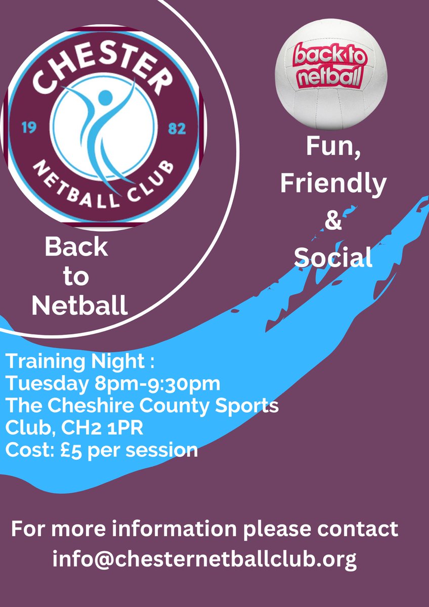 🏐 Back to Netball returns tomorrow! Join us every Tuesday at The Cheshire (CH2 1PR) for fun and fitness. Pay as you go, all levels welcome!

⏰ 8pm - 9:30pm
📍 The Cheshire, CH2 1PR

See you there! 💪 #Netball #Fitness