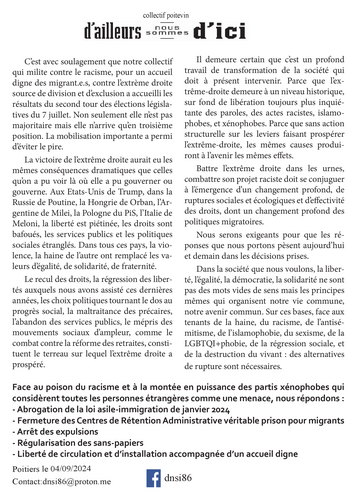 mercredi 4 septembre 2024 - Poitiers - Faisons encore et toujours entendre la voix de la solidarité ! dlvr.it/TCjGb2