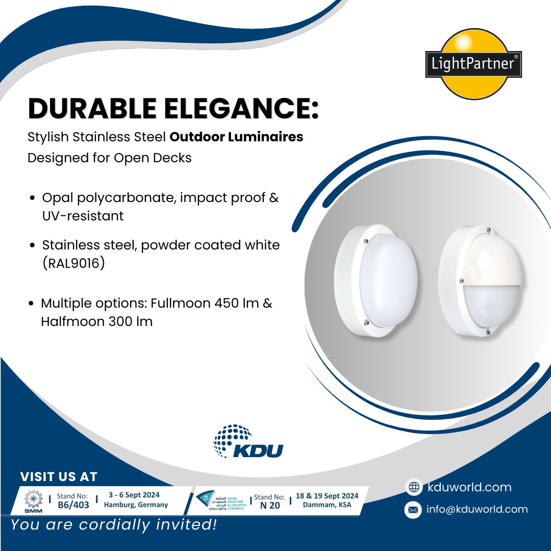 KduWorld's tweet photo. Durable Elegance onboard your vessel: Introducing #LightPartner’s Decorative Stainless Steel Watertight Wall Light, designed specifically for open decks.
#LightPartner #Outdoor #Luminaires #lights #decorative #steel #reliable #innovation #safety #maritimeindustry #kduworld https://t.co/3Qw9vEkRKL