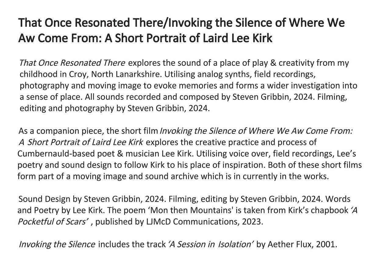 I have 2 films screening as part of the GSA Post Graduate, Sound for the Moving Image Degree Show, on now in person at the Haldane Building until September 8th and online: gsapostgradshowcase.net/steven-gribbin/