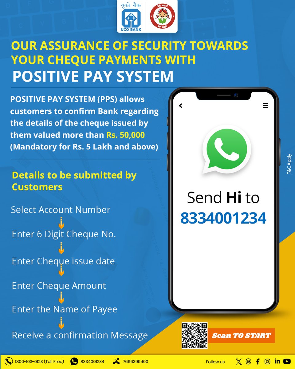 UCOBankOfficial's tweet photo. Protect your high-value cheques with UCO Bank’s Positive Pay System! Confirm your cheque details for amounts over Rs. 50,000 (mandatory for Rs. 5 lakh and above) and enhance your cheque security today! #StaySecure #PositivePaySystem #UCOBank #Cheques #Security #Banking #UCOTURNS81 #81YearsOfTrust