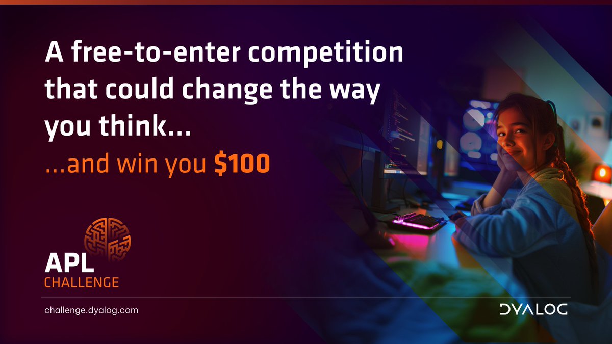 dyalogapl's tweet photo. Learn APL and win $100! Two months left to enter this round of the APL Challenge. Open to all, especially newcomers. Details: https://t.co/2m3fAhY03X #aplchallenge #apl #dyalog #learnapl https://t.co/Ryju4IoBz2