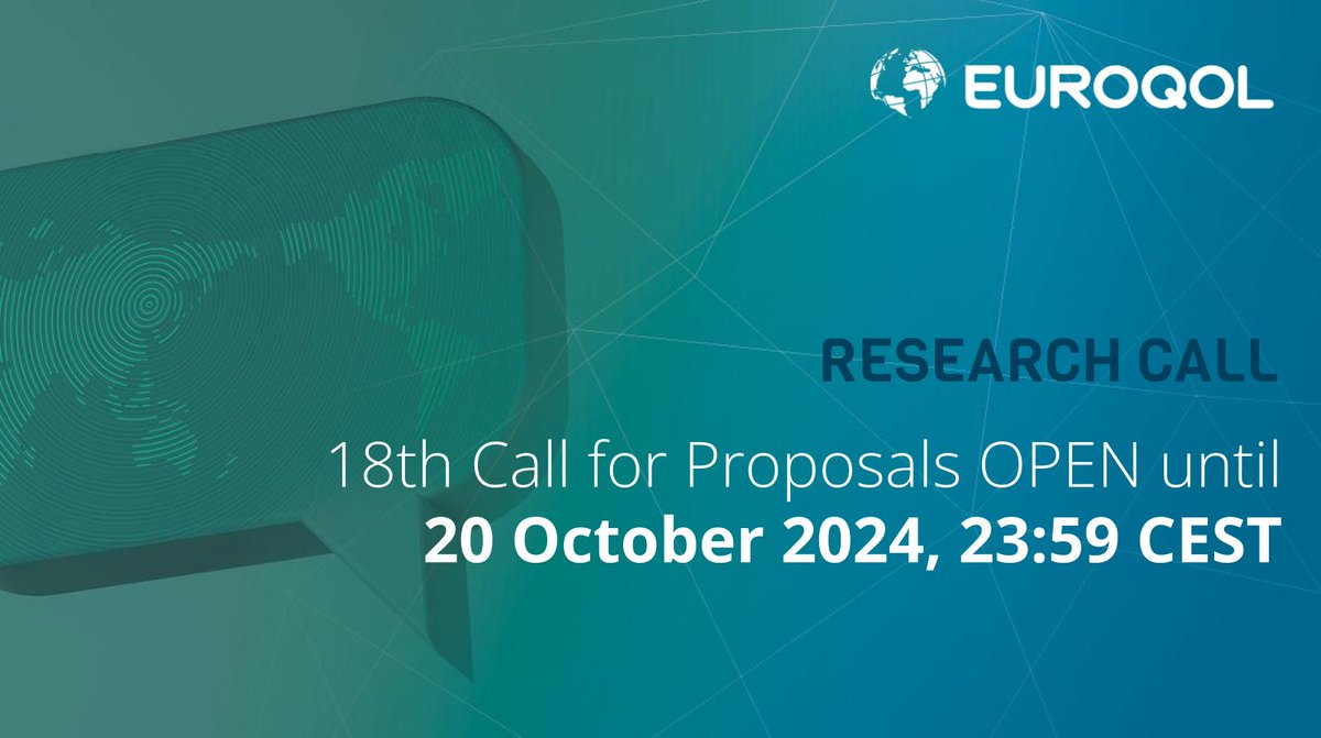 📣 OPEN now - 18th Call for Proposals by the EuroQol Working Groups

⏰ Deadline: 20 Oct 2024, 23:59 CEST
📃 Download the Call for Proposals doc: bit.ly/3MAXL3L

Best of luck to all applicants!

#EQ5D #ResearchCall #HealthcareResearch