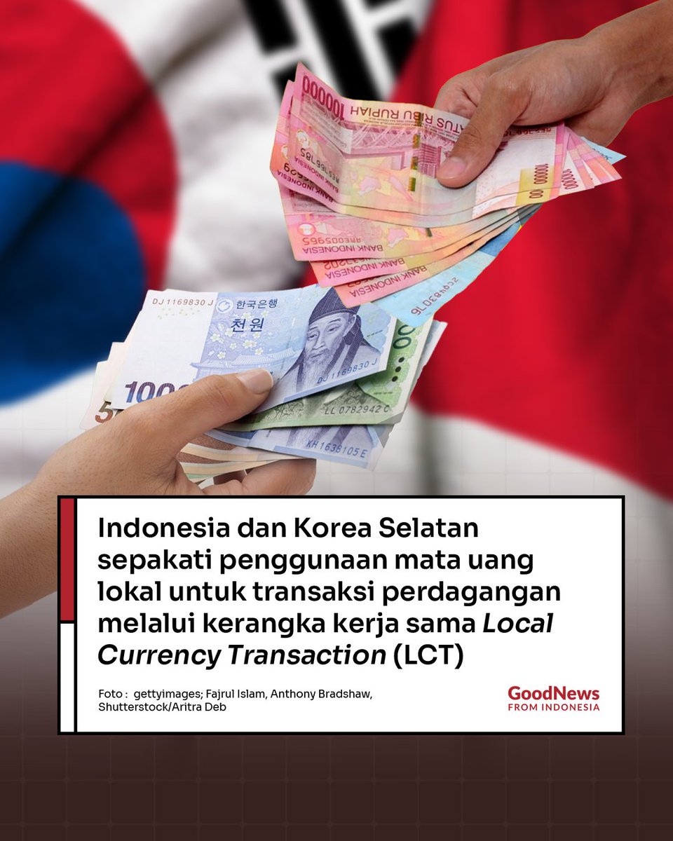 GNFI's tweet photo. Indonesia dan Korea Selatan sepakat untuk transaksi menggunakan uang lokal untuk transaksi perdagangan

Bank Indonesia (BI), Bank of Korea (BOK), dan Kementerian Keuangan Korea menyepakati kerangka kerja sama Local Currency Transaction (LCT) yang ditandatangani pada Jumat, 30 Agustus 2024.