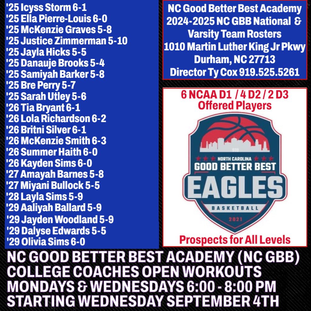 NC GBB ACADEMY (@ncgbba) on Twitter photo π¨NC GBB Girls Basketball College Coaches 1st OPEN WORKOUT in 2 days on Wed, 9/4π¨
Mon/Wed 6-8p
1010 MLK Jr Pkwy Durham
π6 D1 offered players
π4 D2 offered players
π2 D3 offered players
ππ―% β24 Class Signed D1
ππ―% β23 Class Signed D1
ππ―% β22 Class Signed D2
π22 π¨NC GBB Girls Basketball College Coaches 1st OPEN WORKOUT in 2 days on Wed, 9/4π¨
Mon/Wed 6-8p
1010 MLK Jr Pkwy Durham
π6 D1 offered players
π4 D2 offered players
π2 D3 offered players
ππ―% β24 Class Signed D1
ππ―% β23 Class Signed D1
ππ―% β22 Class Signed D2
π22