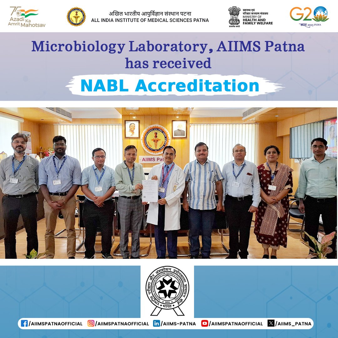 aiims_patna's tweet photo. AIIMS Patna is pleased to announce that our Microbiology laboratory has received #NABL accreditation. This esteemed certification follows a comprehensive internal and external audit and preparation for the last two years. This significant accomplishment is a testament to the unwavering dedication of its faculty, staff, and residents under the constant guidance of Executive Director & CEO Prof. (Dr.) G.K. Pal, whose leadership has been instrumental in guiding the
Microbiology department.
