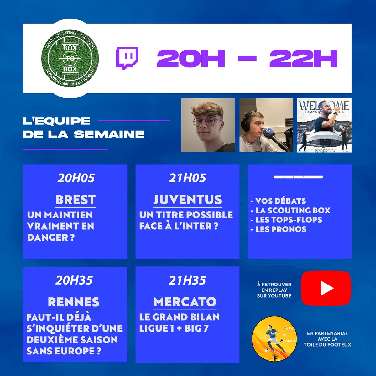🚨 LE PROGRAMME DU SOIR ! 🚨

On enchaîne ! RDV à 20h pour parler foot breton avec le grand <a href="/nathan_bigue/">Nathan Bigué</a>, accompagné d'<a href="/enzopailot/">Enzo Pailot</a> et @MARTING58170492 pour évoquer la Juve de Motta 🇮🇹 et le bilan du mercato ! 🧐

À ce soir l'équipe ! 🫡

➡️twitch.tv/boxtobox7