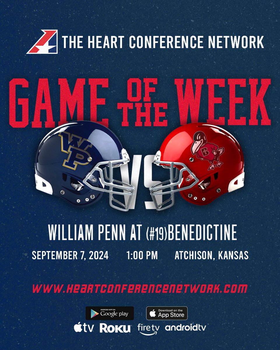 Heart of America Athletic Conference (@heartsportsnews) on Twitter photo ‼️The Heart Conference Network's inaugural "Game of the Week" is here!
<a href="/WPU_Football/">𝙒𝙞𝙡𝙡𝙞𝙖𝙢 𝙋𝙚𝙣𝙣 𝙁𝙤𝙤𝙩𝙗𝙖𝙡𝙡</a> takes on No. 19 <a href="/RavenFootballBC/">Benedictine Football</a> in a rematch of last year's tight 10-7 Raven win.
Catch all HEART games LIVE or on-demand on The HEART Network, available online and on all major streaming ‼️The Heart Conference Network's inaugural "Game of the Week" is here!
<a href="/WPU_Football/">𝙒𝙞𝙡𝙡𝙞𝙖𝙢 𝙋𝙚𝙣𝙣 𝙁𝙤𝙤𝙩𝙗𝙖𝙡𝙡</a> takes on No. 19 <a href="/RavenFootballBC/">Benedictine Football</a> in a rematch of last year's tight 10-7 Raven win.
Catch all HEART games LIVE or on-demand on The HEART Network, available online and on all major streaming