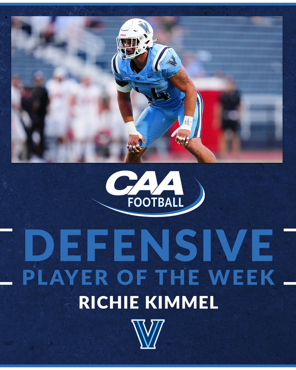 🏈 #CAAFB Defensive Player of the Week 

Richie Kimmel recorded a career-high 10 tackles, recovered a fumble and sealed the victory with an interception as <a href="/NovaFootball/">Villanova Football</a>  held off #25 Youngstown State, 24-17

📰 bit.ly/3AZokNu