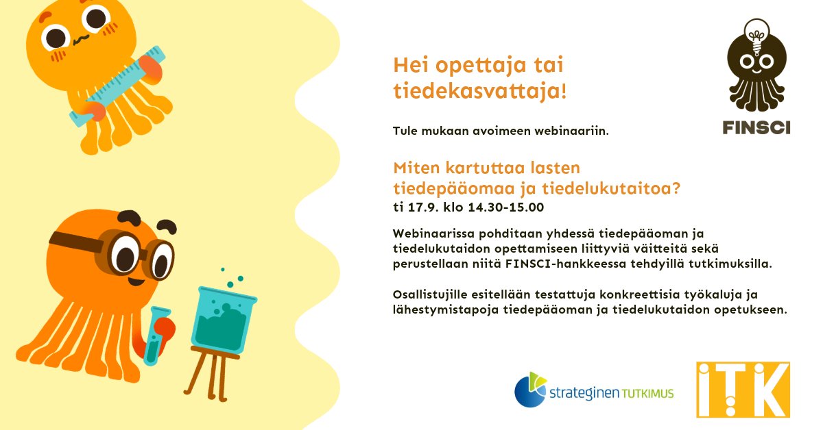 FINSCI (@fin_sci) on Twitter photo Avoin webinaari: Miten kartuttaa lasten #tiedepääomaa ja #tiedelukutaitoa?
🕝17.9. klo 14.30-15
Opettajien ja tiedekasvattajien lisäksi webinaarista hyötyvät vanhemmat, järjestötoimijat ja kirjastojen pedagogit. Tervetuloa kuulolle!✨
🌐itk-konferenssi.fi/webinaarit
<a href="/Akatemia_STN/">Strateginen tutkimus</a> Avoin webinaari: Miten kartuttaa lasten #tiedepääomaa ja #tiedelukutaitoa?
🕝17.9. klo 14.30-15
Opettajien ja tiedekasvattajien lisäksi webinaarista hyötyvät vanhemmat, järjestötoimijat ja kirjastojen pedagogit. Tervetuloa kuulolle!✨
🌐itk-konferenssi.fi/webinaarit
<a href="/Akatemia_STN/">Strateginen tutkimus</a>