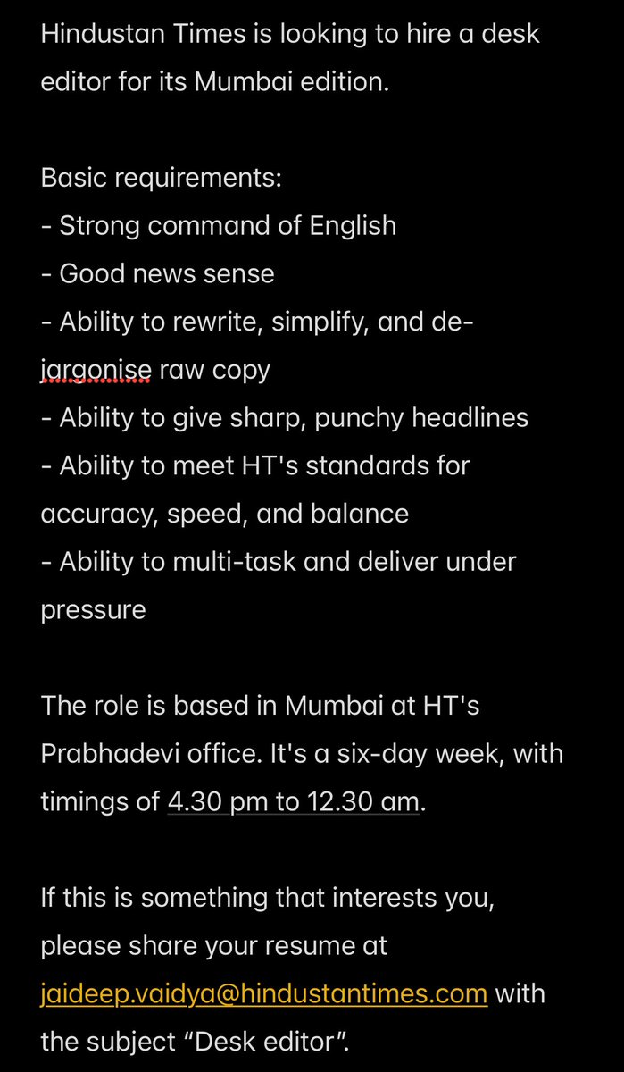 Hindustan Times is looking to hire a desk editor for its Mumbai edition. The job involves editing and reshaping stories written by reporters covering local city news, crime, and Maharashtra politics. 

More details below.

#hiring #journalismjobs <a href="/MediaJobsIn/">Jobs for Journalists</a>