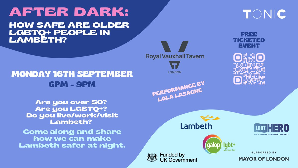 Come along to our 'After Dark' event at <a href="/thervt/">Royal Vauxhall Tavern</a> on Monday 16th Sept and share how we can make Lambeth safer at night for our community💙

🎟️ Must book your free tickets in advance: eventbrite.co.uk/e/after-dark-h…

#tonichousing #lgbt #lgbtq #retirement #community