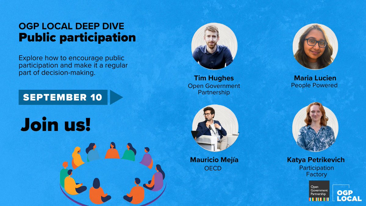 Ready for our first #OGPLocal deep dive?

Join us to explore strategies to promote public participation and make it a core component of decision-making.

🗓️September 10, 3-4:30 pm CEST

Register now: bit.ly/LocalDives

#OGPLocal #publicparticipation
