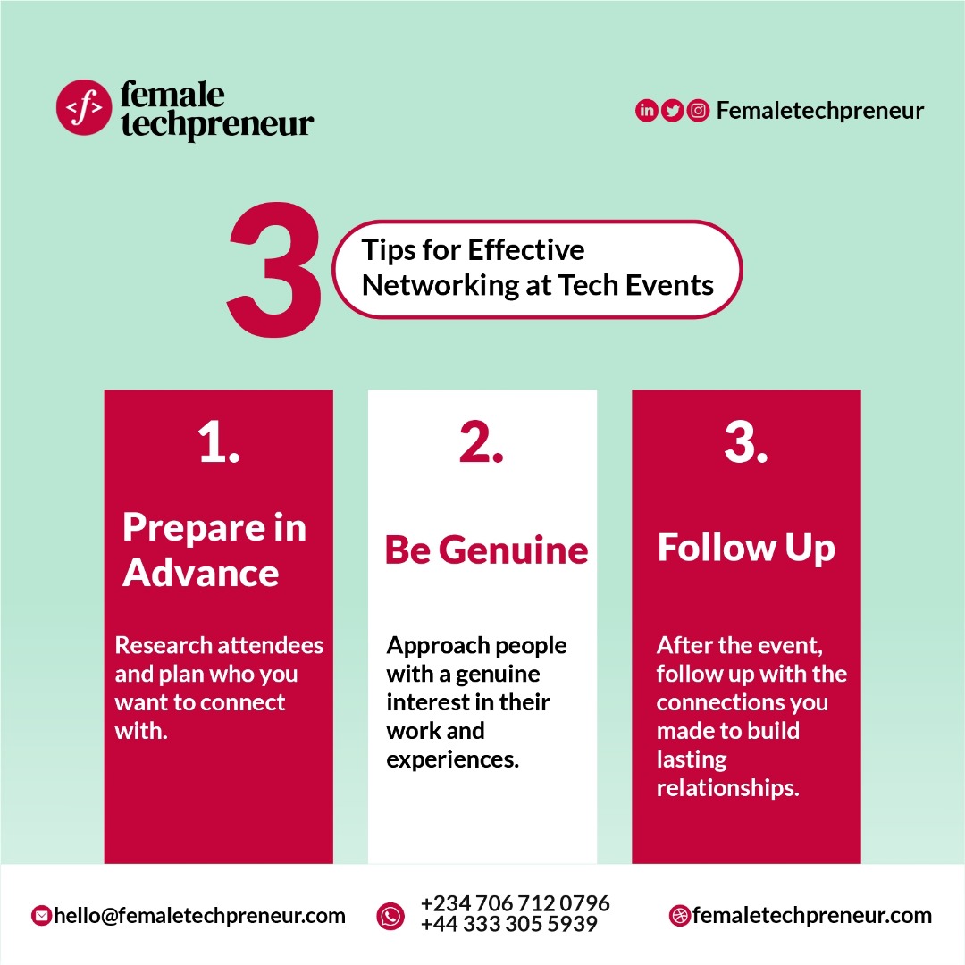 3 Tips for Effective Networking at Tech Events.

Let's disrupt the status quo together! Join our global community!

Web: femaletechpreneur.com 

#femalefounders #femaletechpreneur